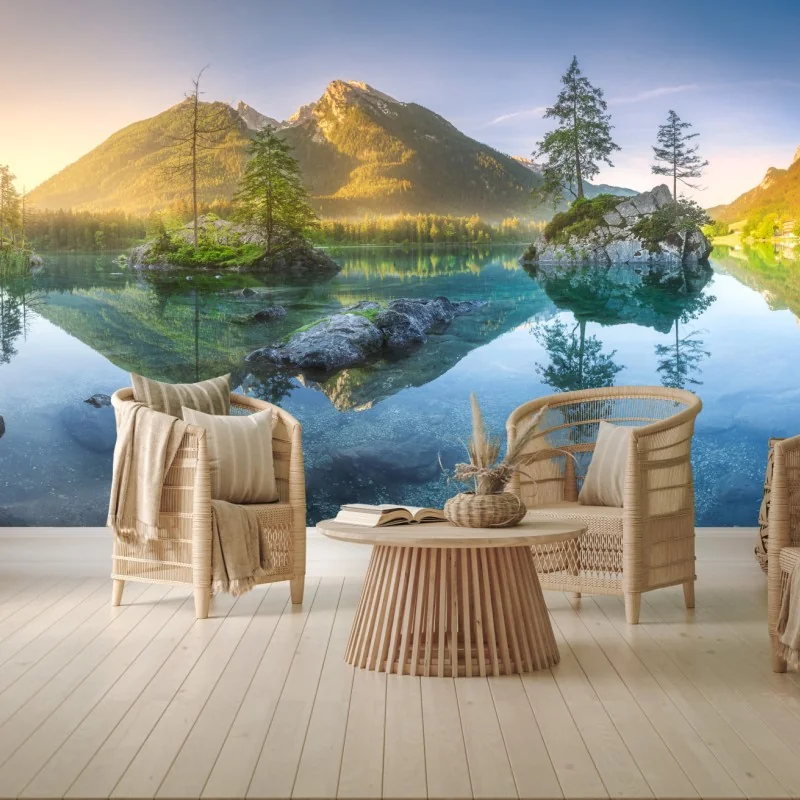 Fototapete alpensee bei sonnenaufgang mit spiegelnder reflexion