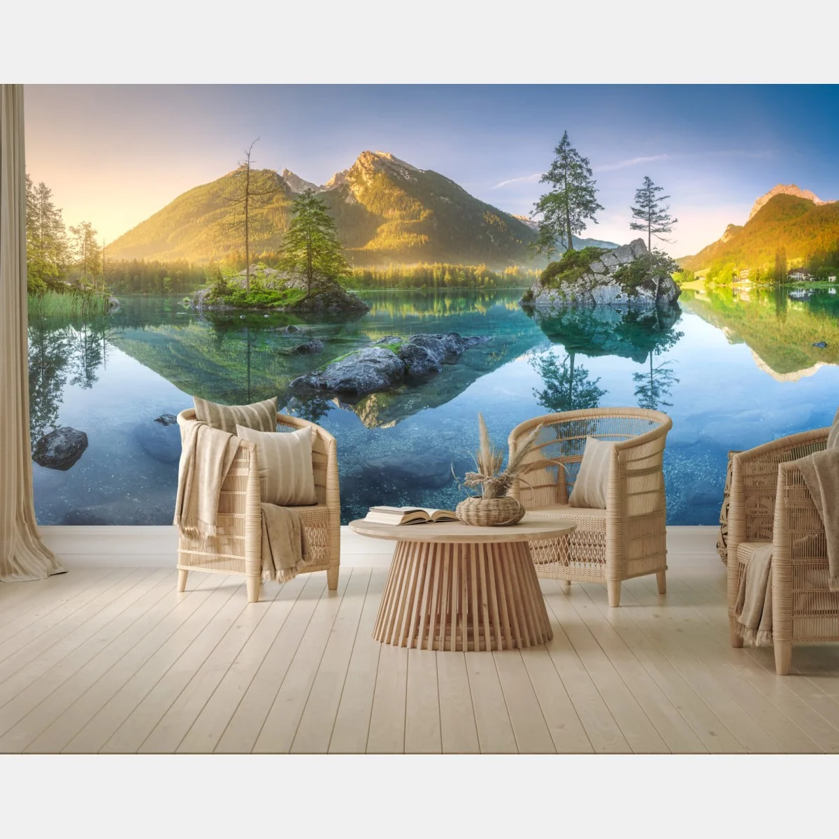 Fototapete alpensee bei sonnenaufgang mit spiegelnder reflexion – Wallnifity®