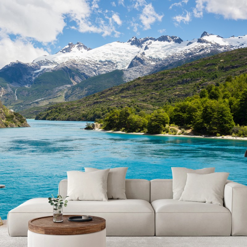 Fototapete türkisfarbener bergsee mit schneebedeckten gipfeln