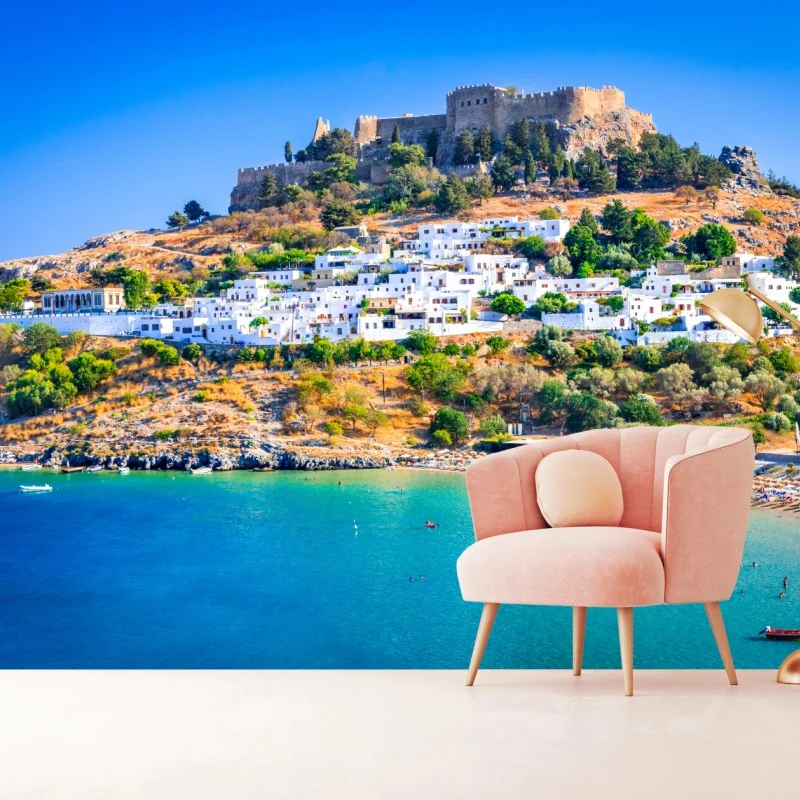 Fototapete Lindos: akropolis über dem weißen dorf, Rhodos