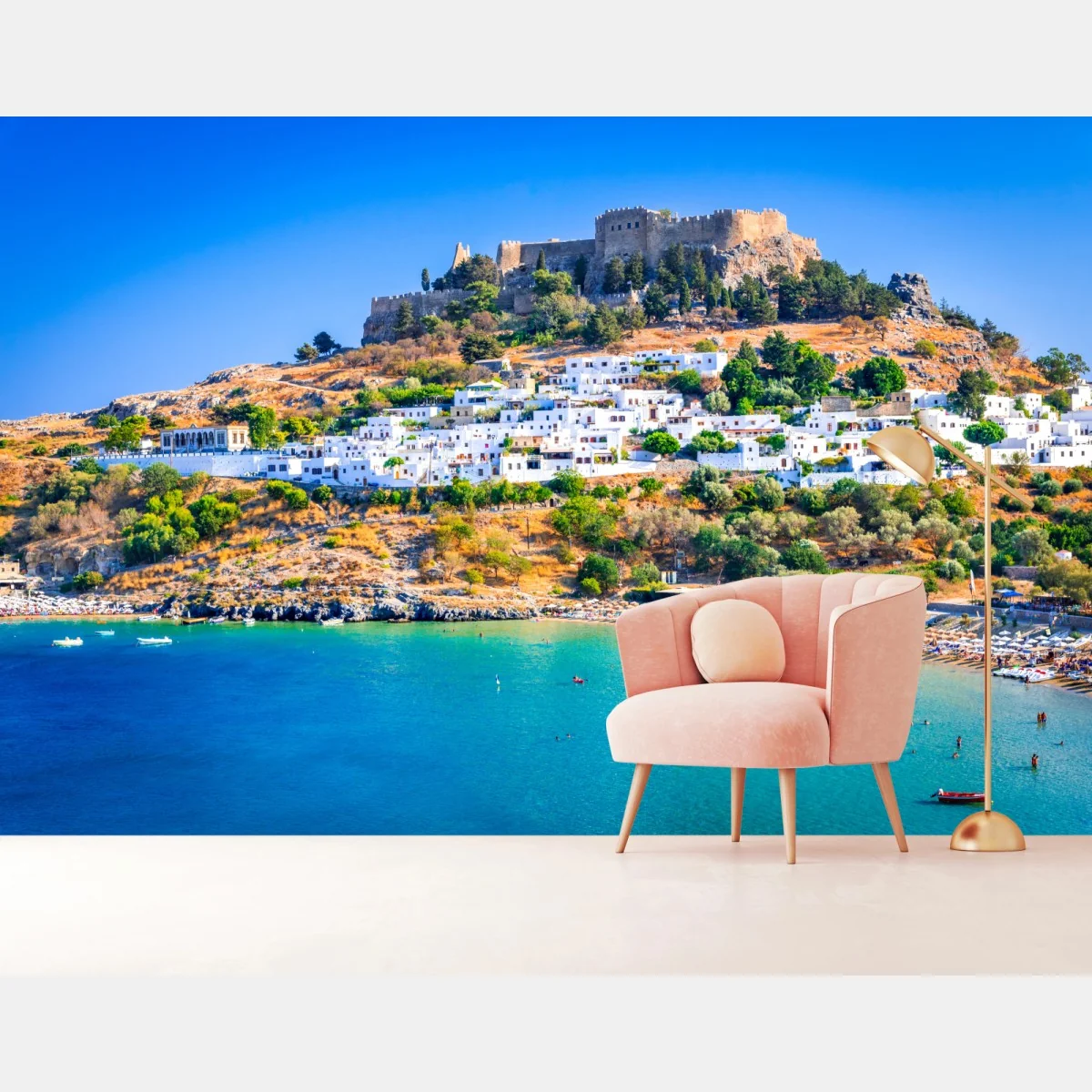 Fototapete Lindos: akropolis über dem weißen dorf, Rhodos – Wallnifity® Fototapete Lindos: akropolis über dem weißen dorf, Rhodos – Wallnifity®