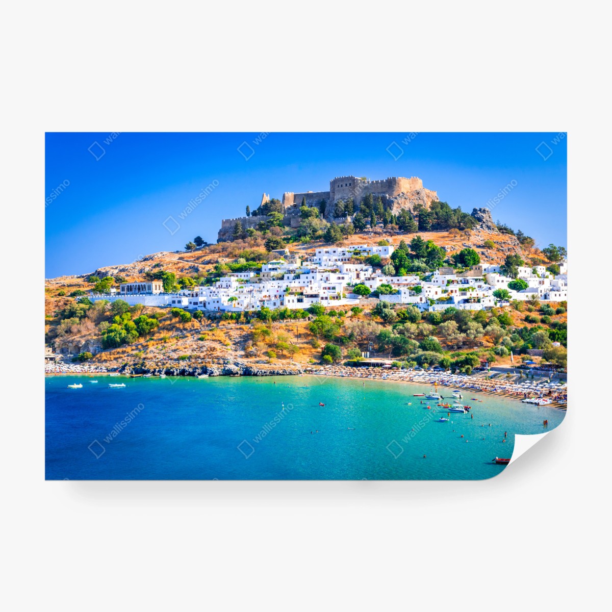 Fototapete Lindos: akropolis über dem weißen dorf, Rhodos – Wallnifity® Fototapete Lindos: akropolis über dem weißen dorf, Rhodos – Wallnifity®