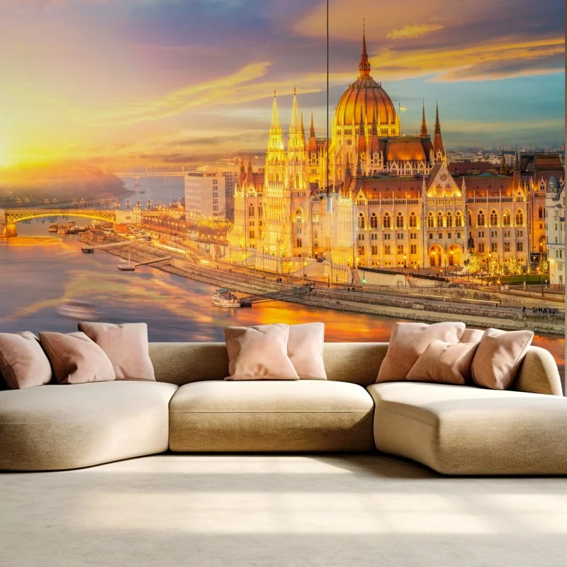 Fototapete goldener sonnenuntergang über dem parlament von Budapest