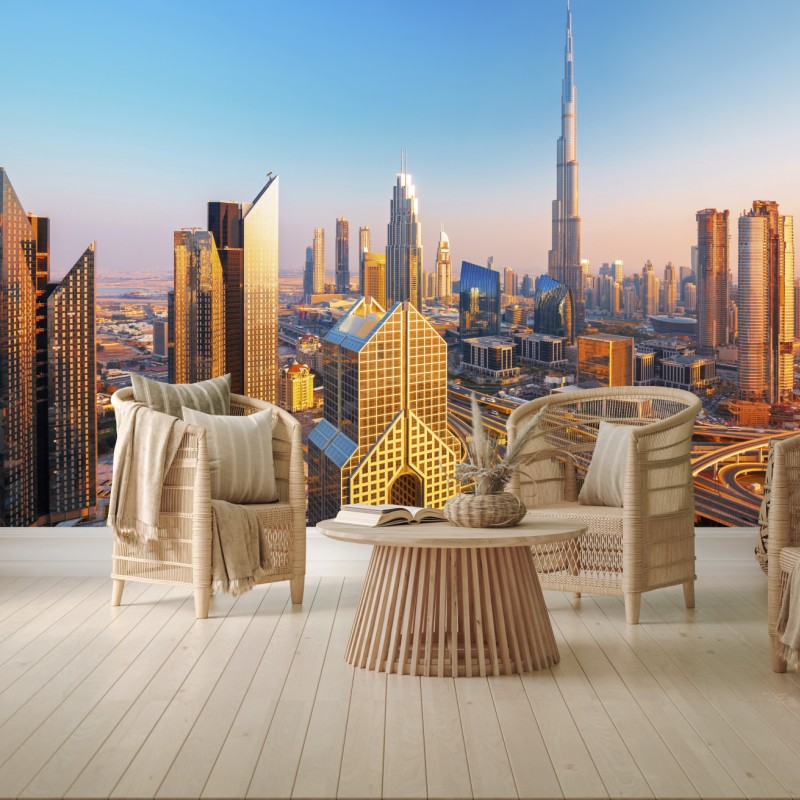 Fototapete Dubai skyline mit Burj Khalifa bei sonnenuntergang
