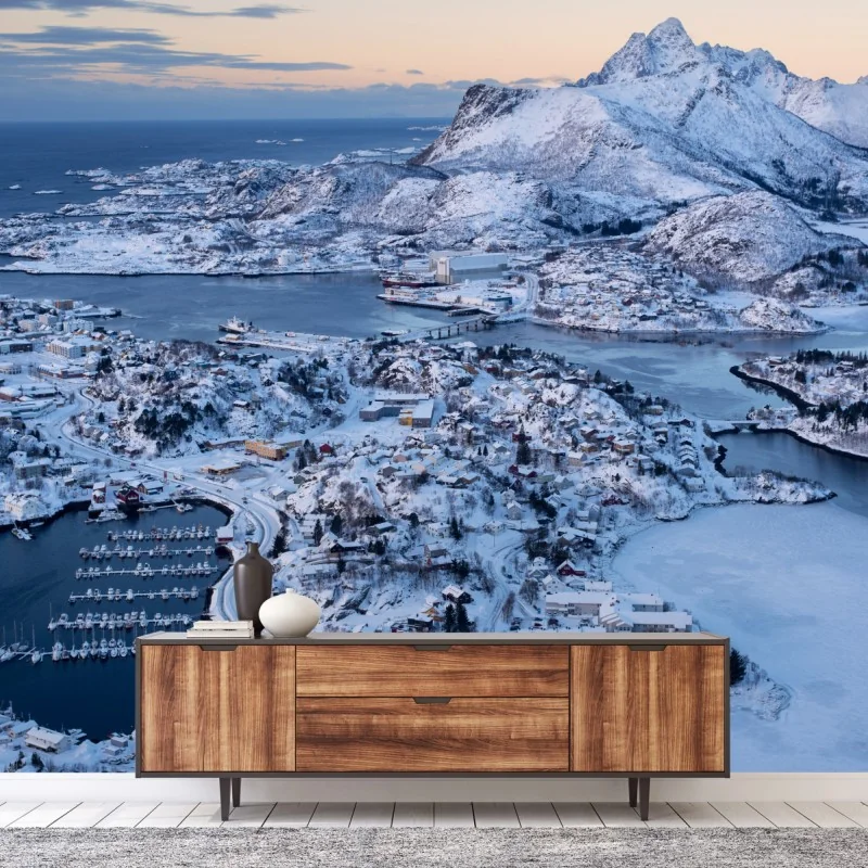 Fototapete winterliche luftaufnahme des hafens von Svolvaer, Norwegen – Wallnifity® Fototapete winterliche luftaufnahme des hafens von Svolvaer, Norwegen – Wallnifity®