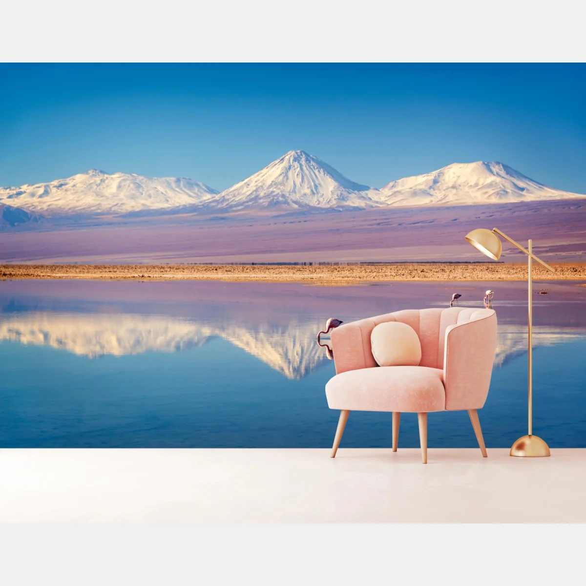 Fototapete Laguna Chaxa mit flamingos und Licancabur – Wallnifity® Fototapete Laguna Chaxa mit flamingos und Licancabur – Wallnifity®