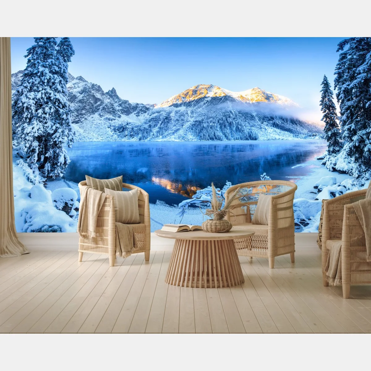 Fototapete winterlicher sonnenaufgang über dem gefrorenen bergsee – Wallnifity®