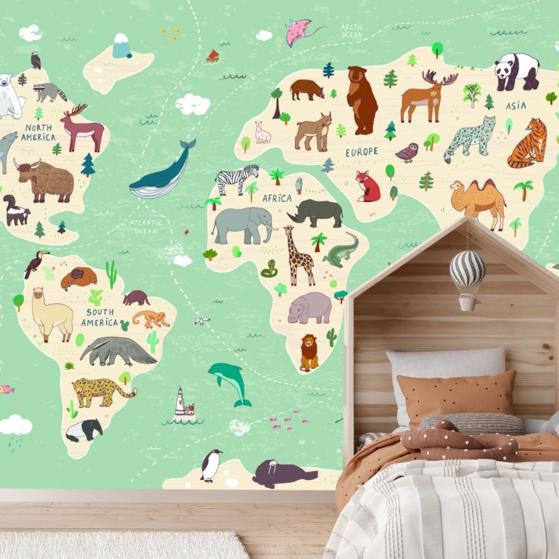 Fototapete verspielte weltkarte mit tieren