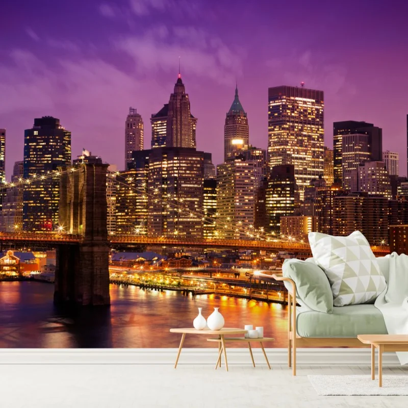 Fototapete violette skyline über leuchtender stadt und brücke