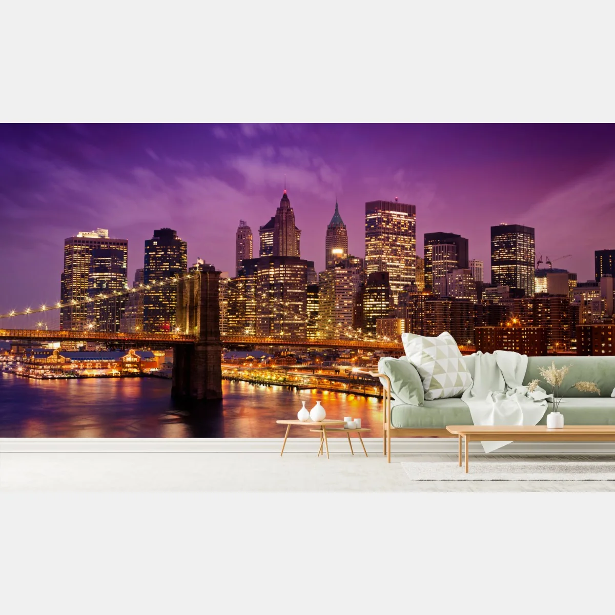 Fototapete violette skyline über leuchtender stadt und brücke – Wallnifity®