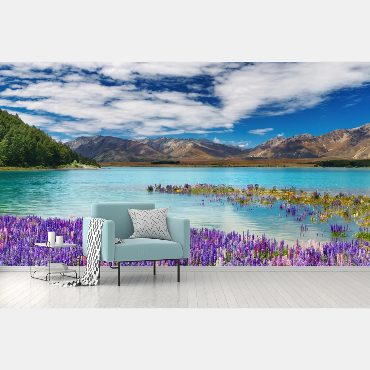Fototapete Lake Tekapo lupinenmeer am türkisen see – Wallnifity®