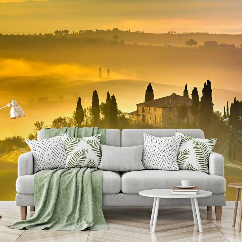Fototapete Toskana bei sonnenaufgang über goldenen hügeln – Wallnifity® Fototapete Toskana bei sonnenaufgang über goldenen hügeln – Wallnifity®