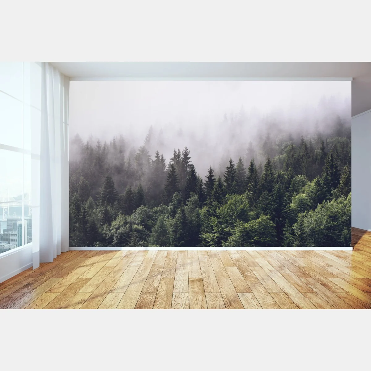 Fototapete nebelverhangener nadelwald am berghang – Wallnifity®