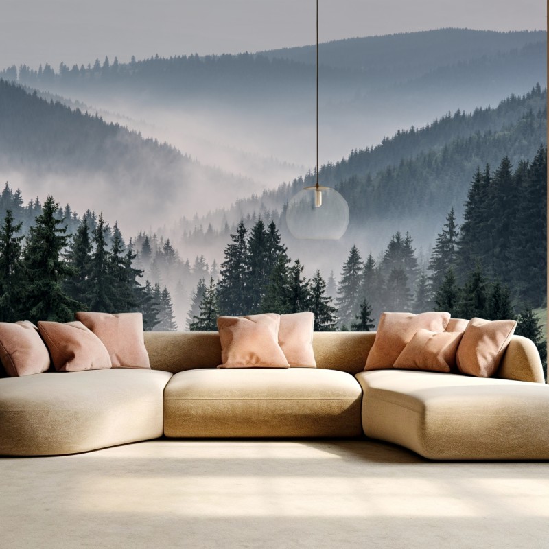 Fototapete nebliger bergwald