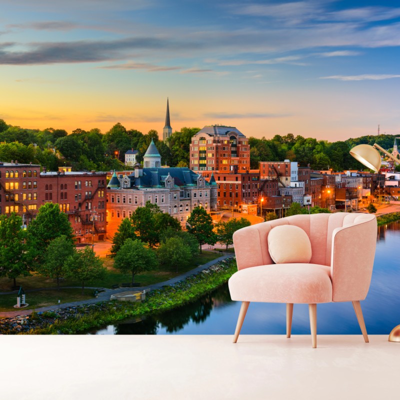 Fototapete Augusta skyline am Kennebec River bei sonnenuntergang