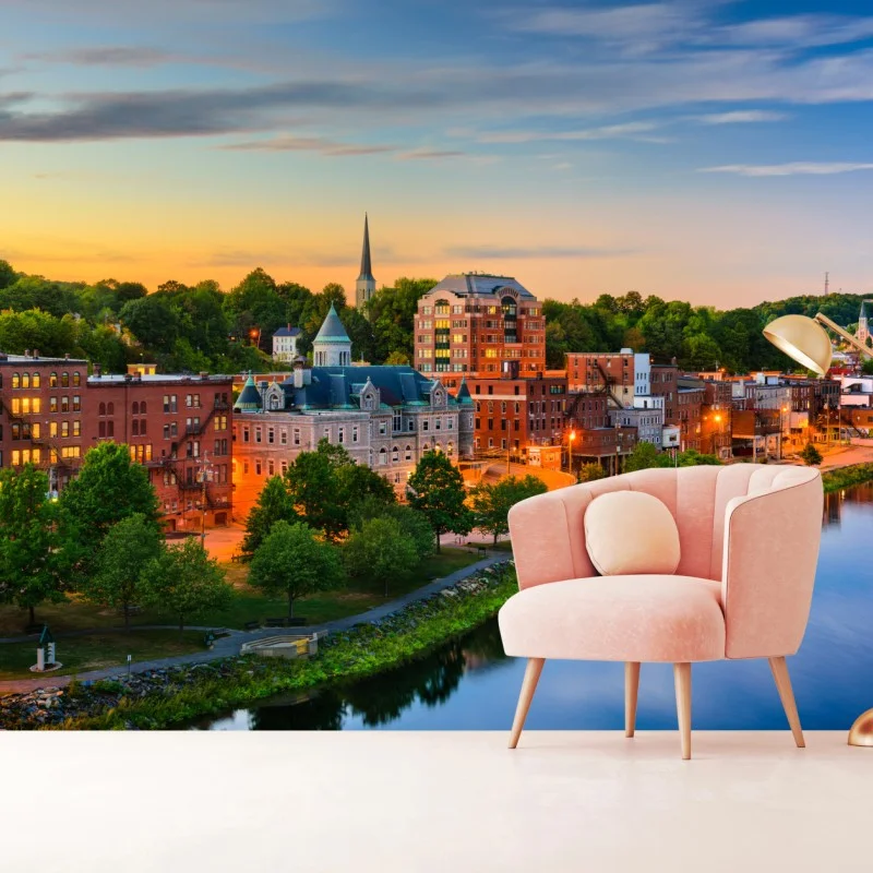 Fototapete Augusta skyline am Kennebec River bei sonnenuntergang