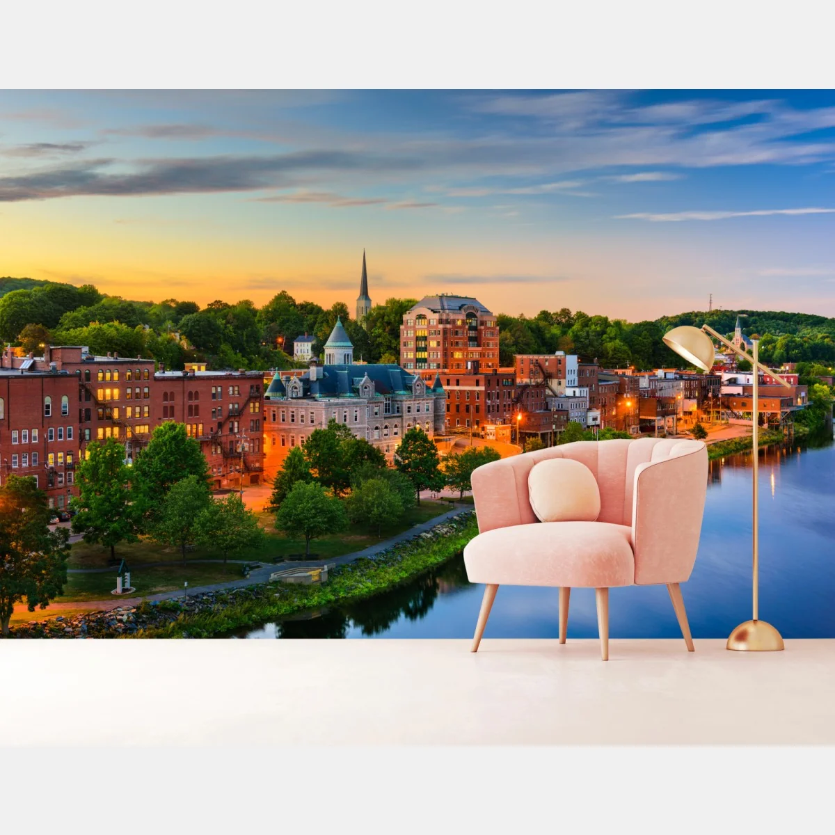 Fototapete Augusta skyline am Kennebec River bei sonnenuntergang – Wallnifity® Fototapete Augusta skyline am Kennebec River bei sonnenuntergang – Wallnifity®