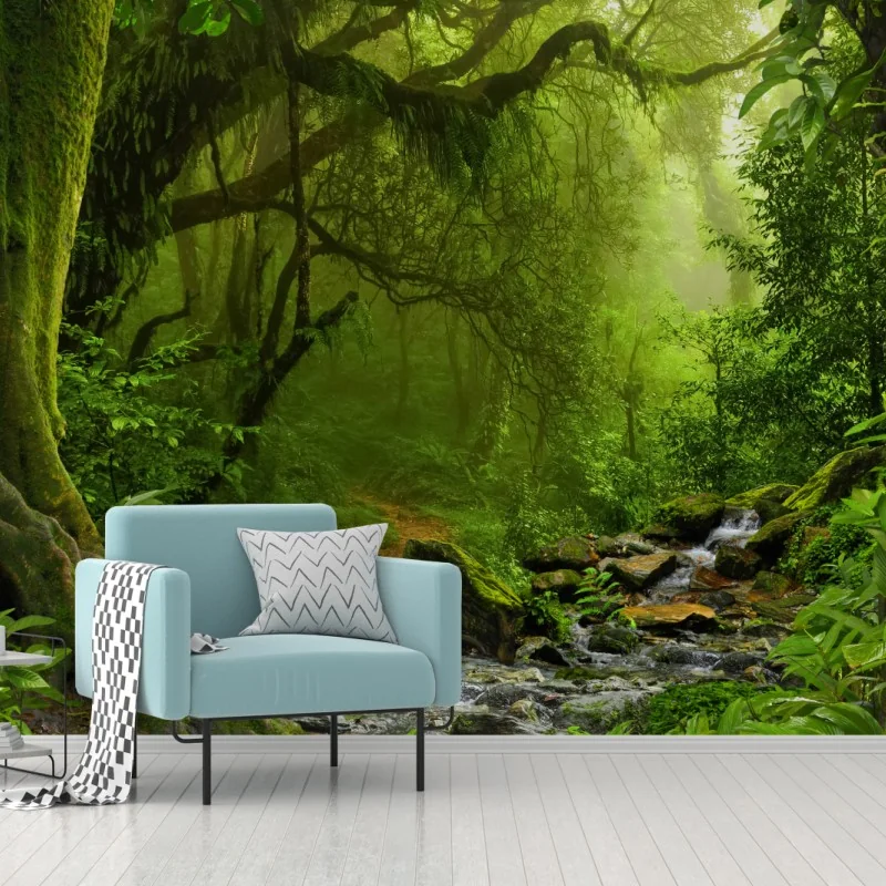 Fototapete verwunschener grüner wald mit bach – Wallnifity® Fototapete verwunschener grüner wald mit bach – Wallnifity®