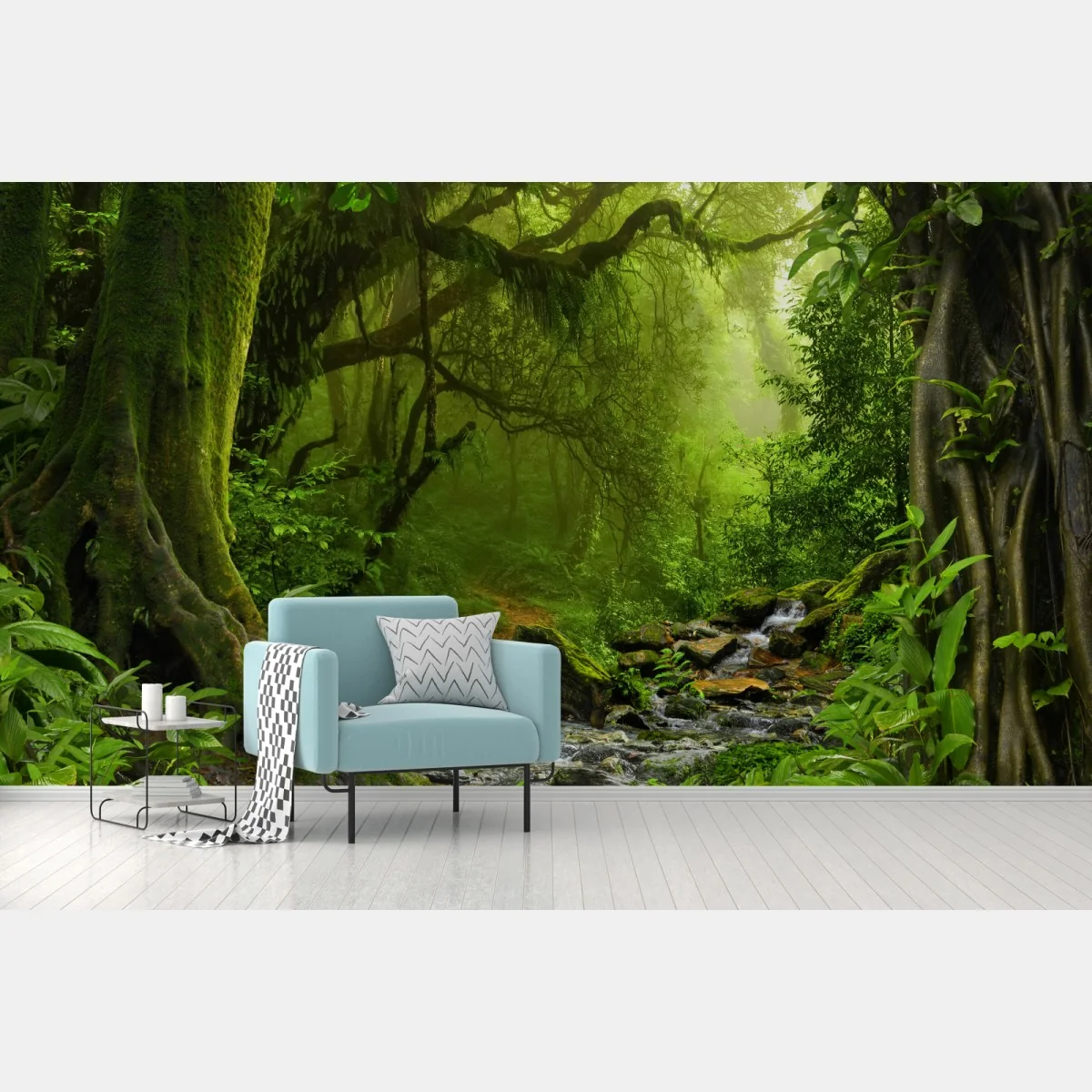 Fototapete verwunschener grüner wald mit bach – Wallnifity® Fototapete verwunschener grüner wald mit bach – Wallnifity®