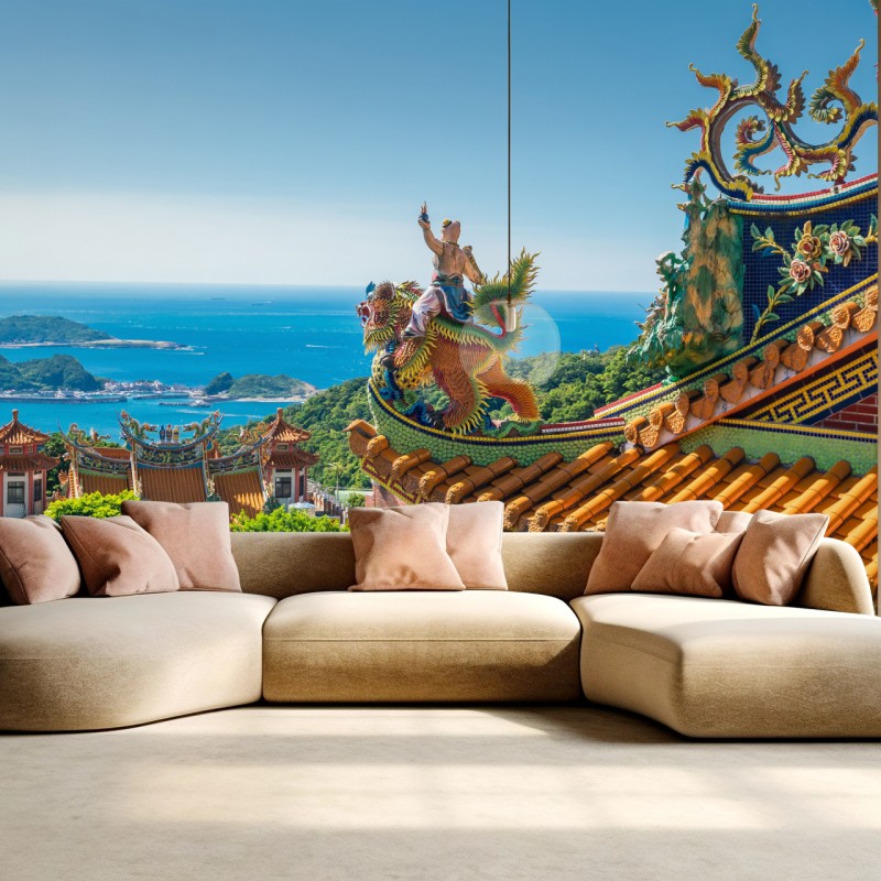 Fototapete tempel mit blick auf die küste von Jiufen, Taiwan