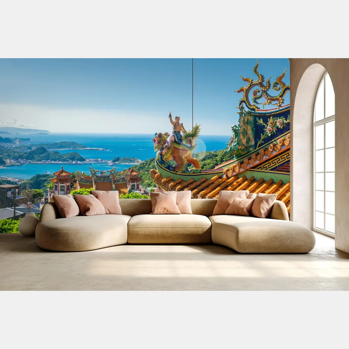 Fototapete tempel mit blick auf die küste von Jiufen, Taiwan – Wallnifity® Fototapete tempel mit blick auf die küste von Jiufen, Taiwan – Wallnifity®