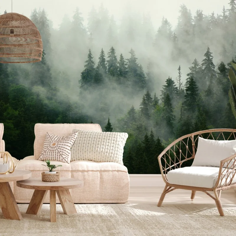 Fototapete nebliger nadelwald