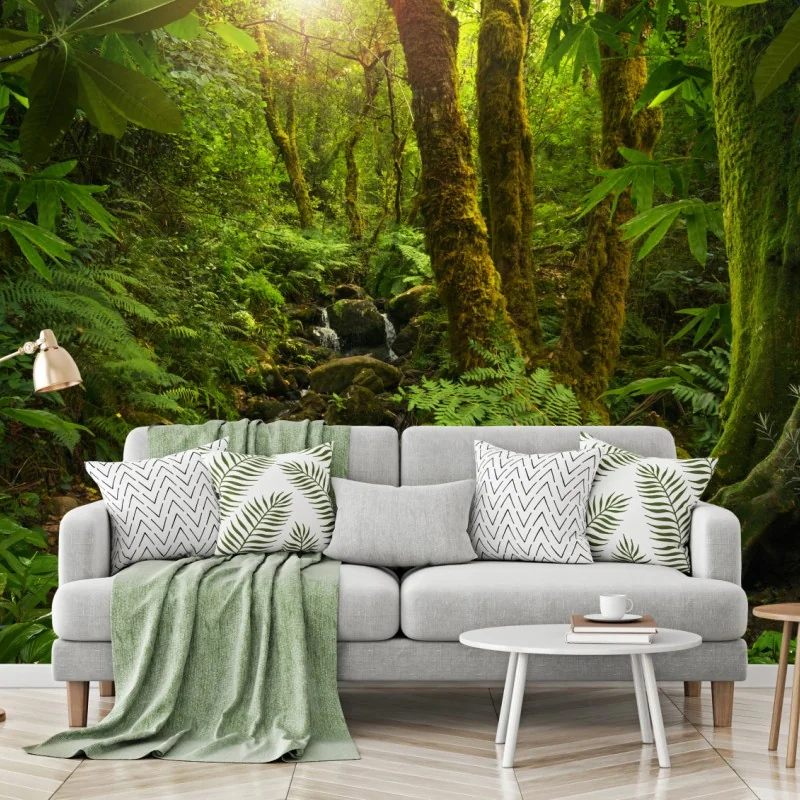 Fototapete moosiger waldbach im sonnenlicht – Wallnifity® Fototapete moosiger waldbach im sonnenlicht – Wallnifity®