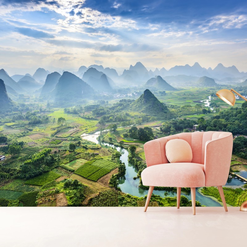 Fototapete nebliges karsttal bei sonnenaufgang