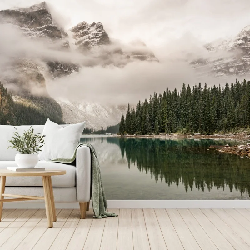 Fototapete nebliger bergsee mit spiegelung – Wallnifity® Fototapete nebliger bergsee mit spiegelung – Wallnifity®