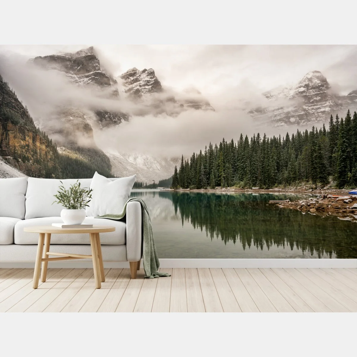 Fototapete nebliger bergsee mit spiegelung – Wallnifity® Fototapete nebliger bergsee mit spiegelung – Wallnifity®