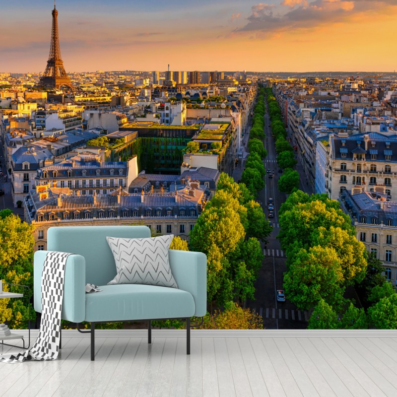 Fototapete sonnenuntergang über Paris mit Eiffelturm