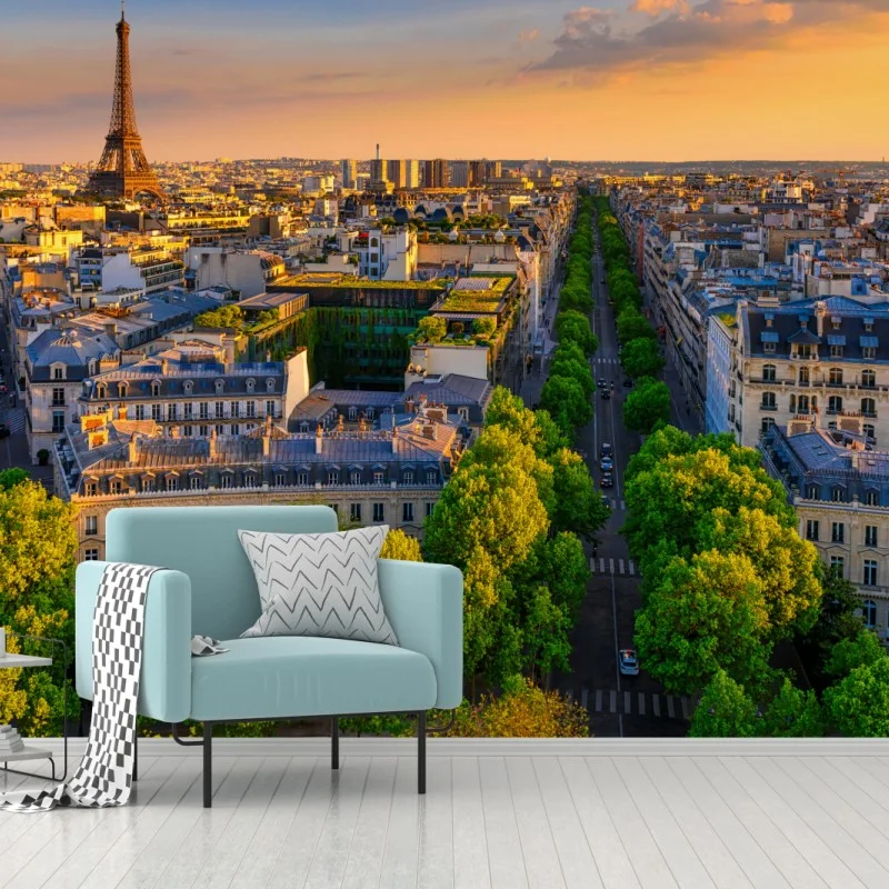 Fototapete sonnenuntergang über Paris mit Eiffelturm