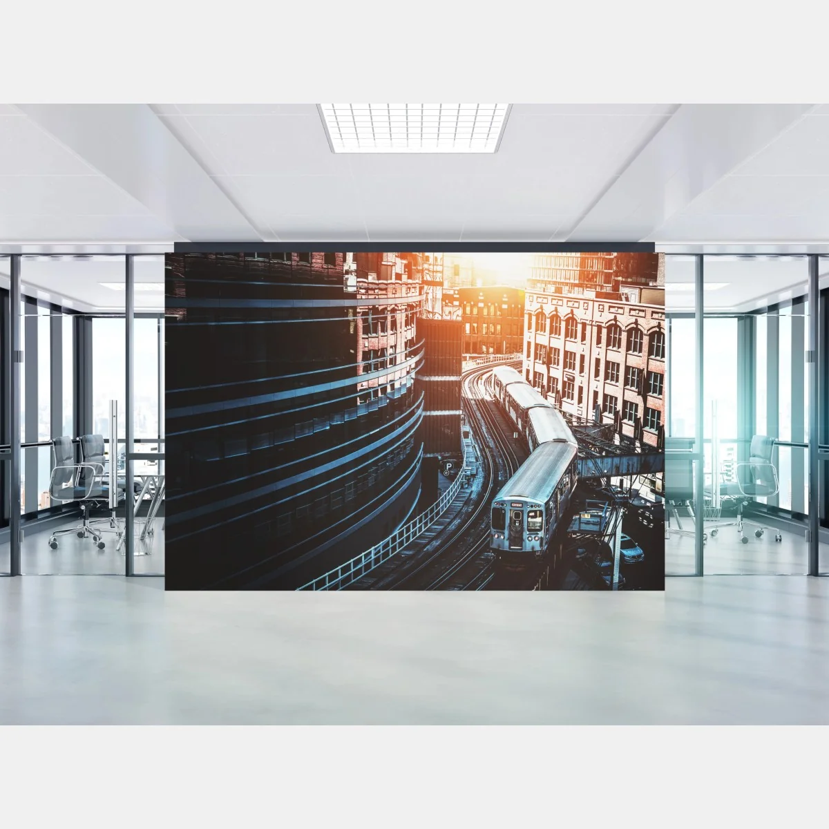 Fototapete Chicago hochbahn zwischen gebäuden – Wallnifity® Fototapete Chicago hochbahn zwischen gebäuden – Wallnifity®