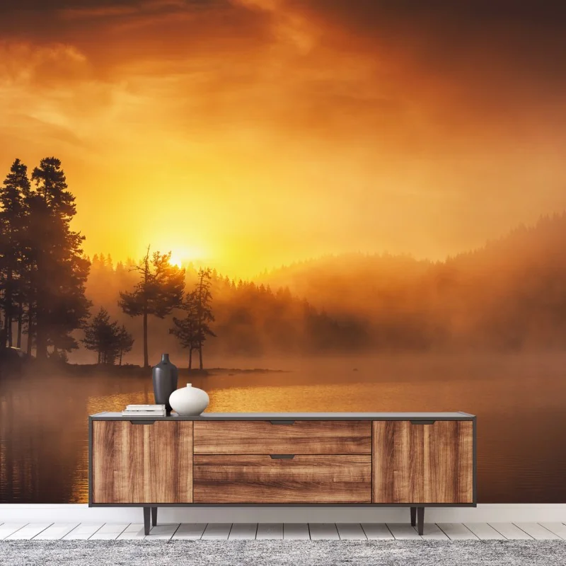 Fototapete goldener sonnenaufgang über dem nebligen see – Wallnifity® Fototapete goldener sonnenaufgang über dem nebligen see – Wallnifity®