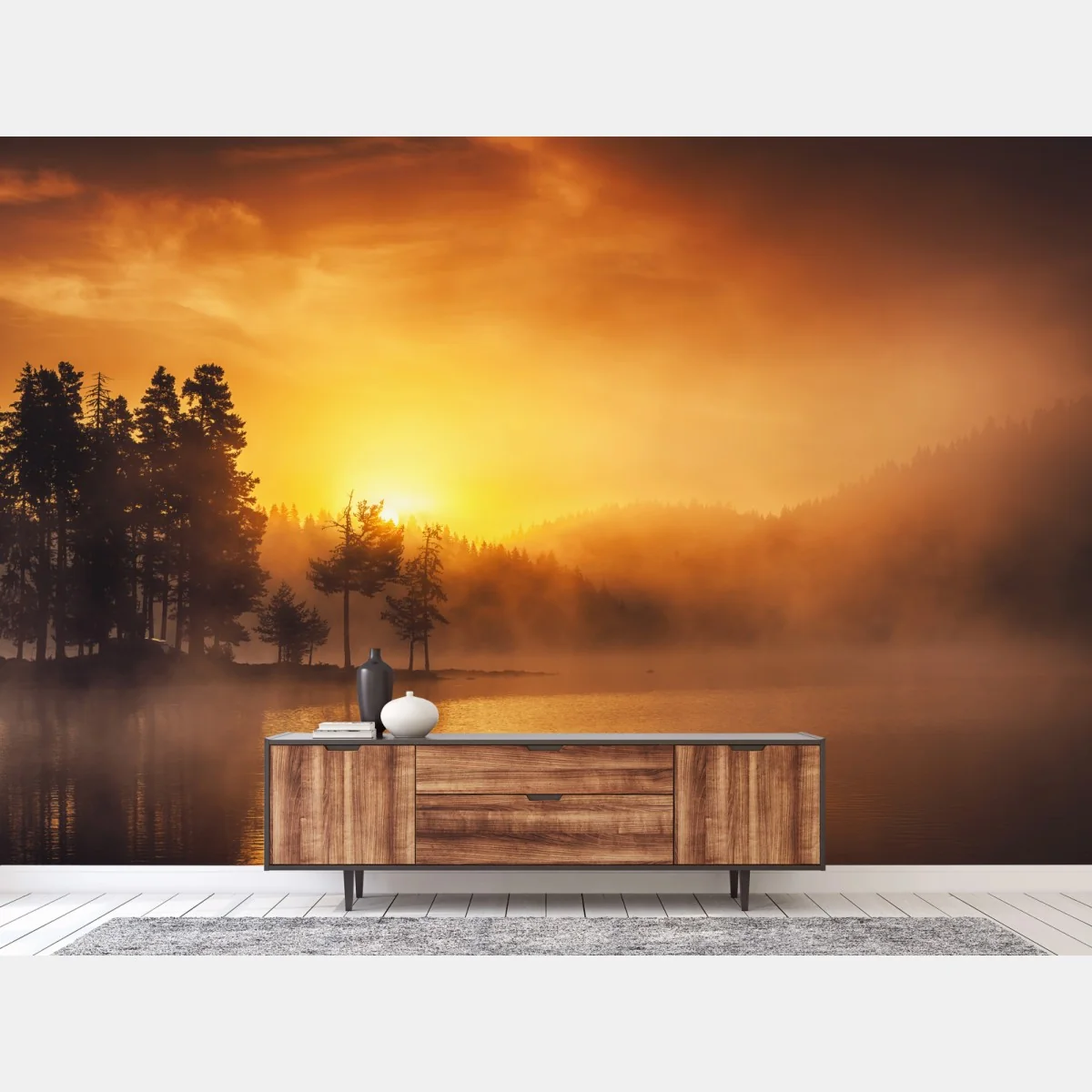 Fototapete goldener sonnenaufgang über dem nebligen see – Wallnifity® Fototapete goldener sonnenaufgang über dem nebligen see – Wallnifity®