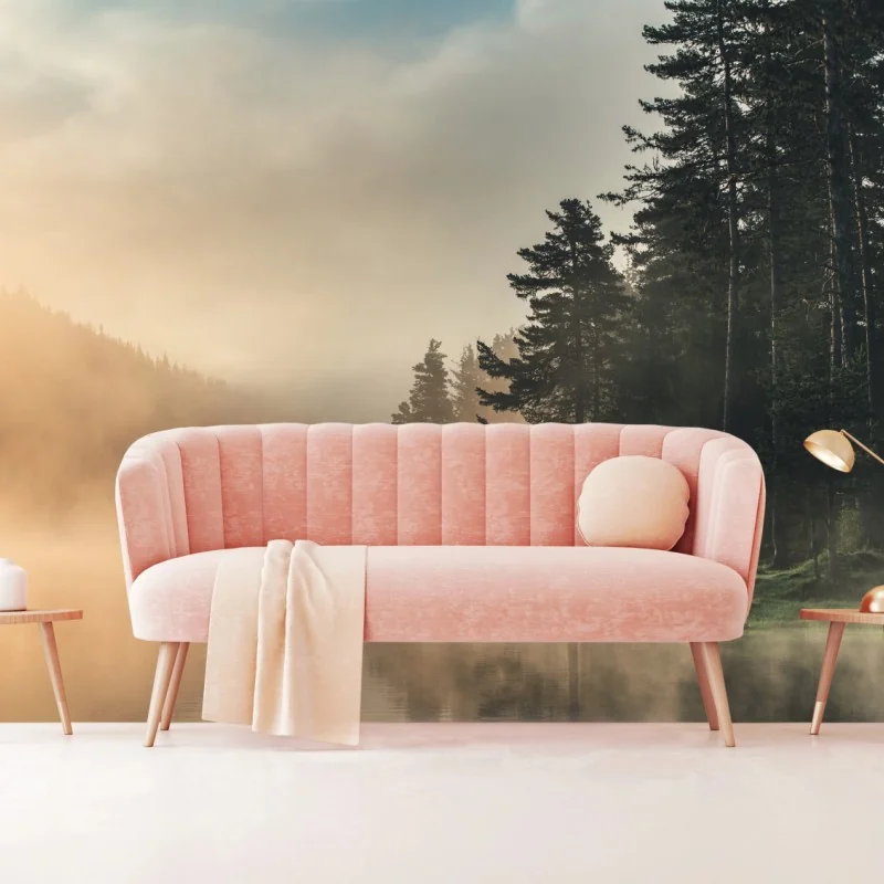 Fototapete nebliger sonnenaufgang über waldsee – Wallnifity® Fototapete nebliger sonnenaufgang über waldsee – Wallnifity®