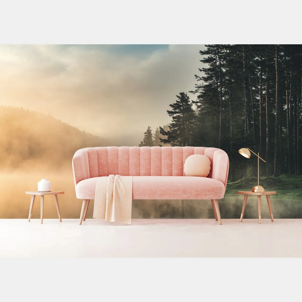 Fototapete nebliger sonnenaufgang über waldsee – Wallnifity® Fototapete nebliger sonnenaufgang über waldsee – Wallnifity®