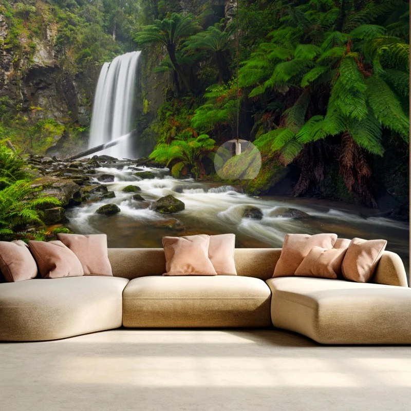 Fototapete üppiger wasserfall im farnwald