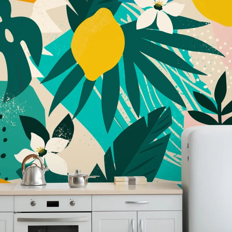 Fototapete tropisches muster mit zitronen und blättern