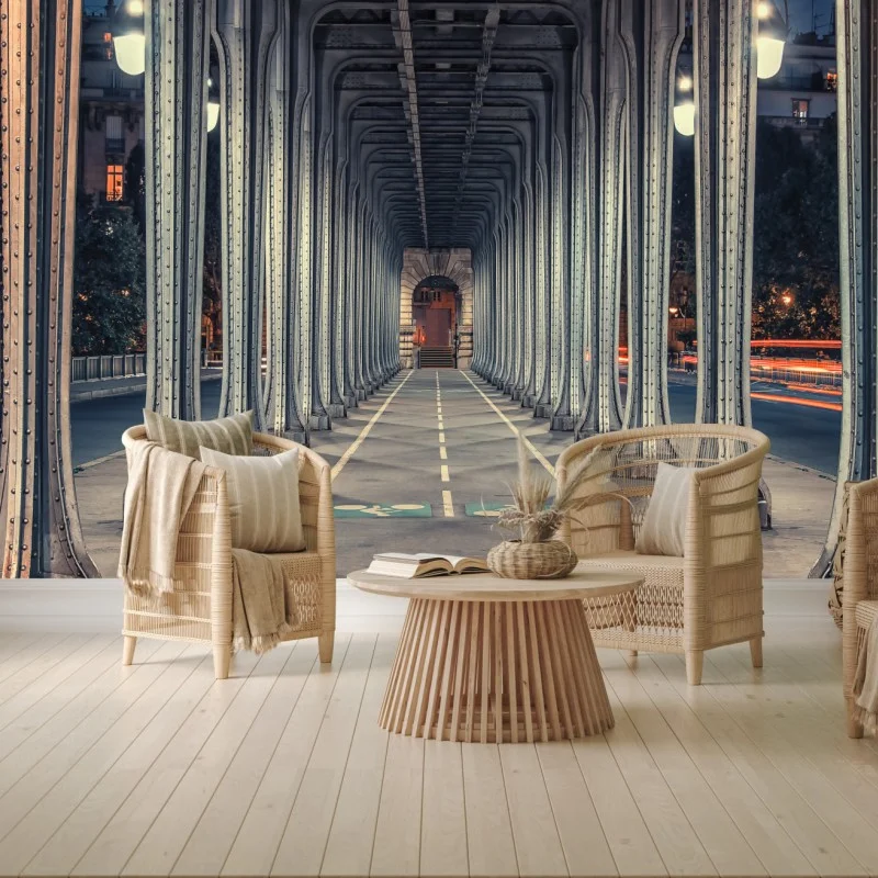 Fototapete symmetrischer stahlkorridor einer brücke bei nacht