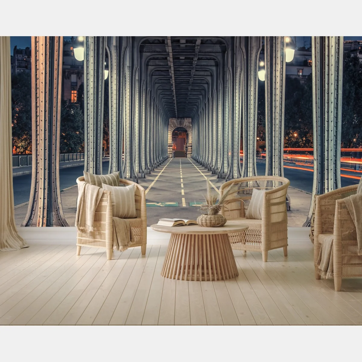 Fototapete symmetrischer stahlkorridor einer brücke bei nacht – Wallnifity® Fototapete symmetrischer stahlkorridor einer brücke bei nacht – Wallnifity®