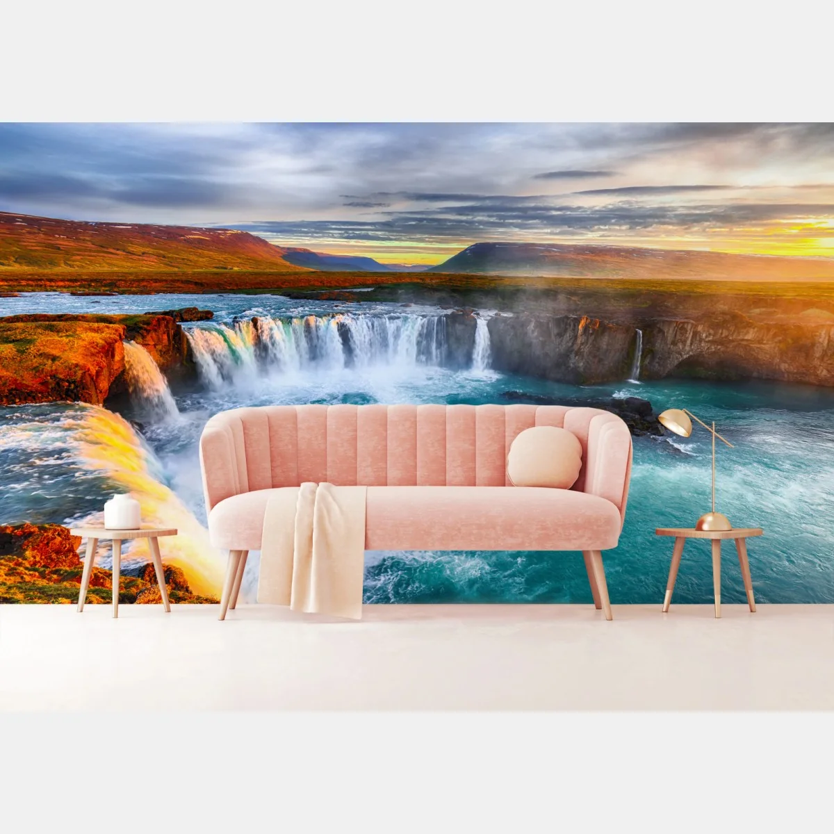 Fototapete Godafoss wasserfall bei sonnenaufgang – Wallnifity® Fototapete Godafoss wasserfall bei sonnenaufgang – Wallnifity®