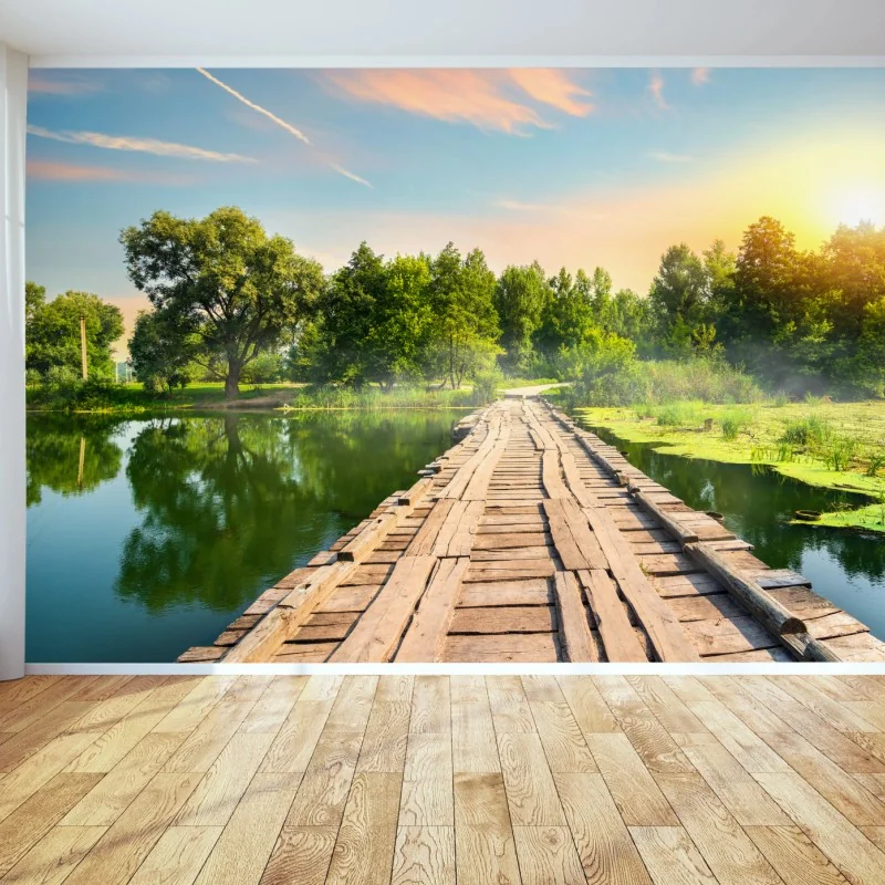 Fototapete sonnige hölzerne brücke über ruhigen see – Wallnifity® Fototapete sonnige hölzerne brücke über ruhigen see – Wallnifity®