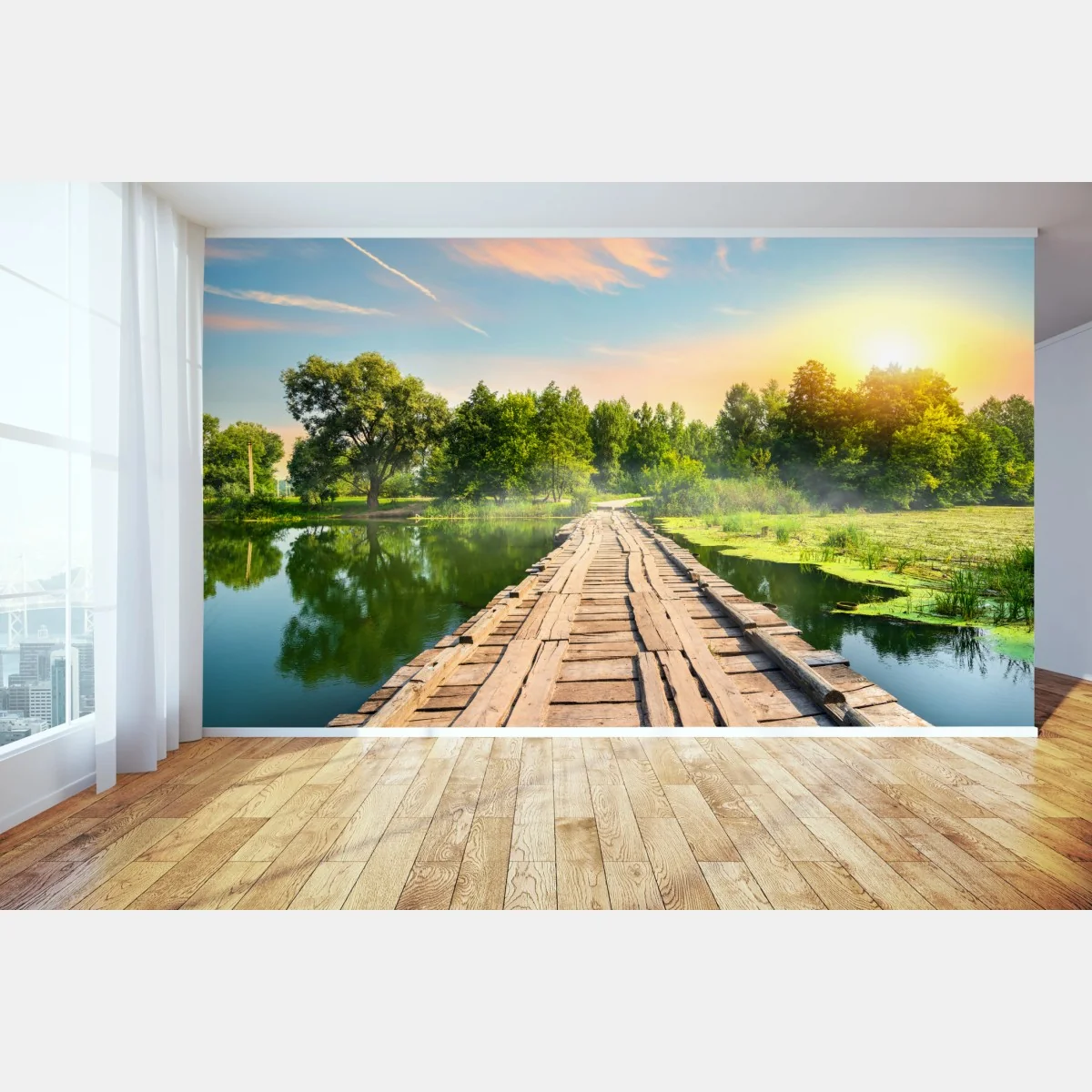 Fototapete sonnige hölzerne brücke über ruhigen see – Wallnifity® Fototapete sonnige hölzerne brücke über ruhigen see – Wallnifity®