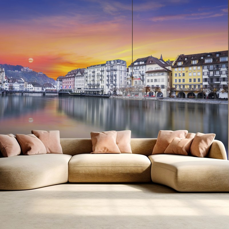 Fototapete Luzern am fluss bei dämmerung