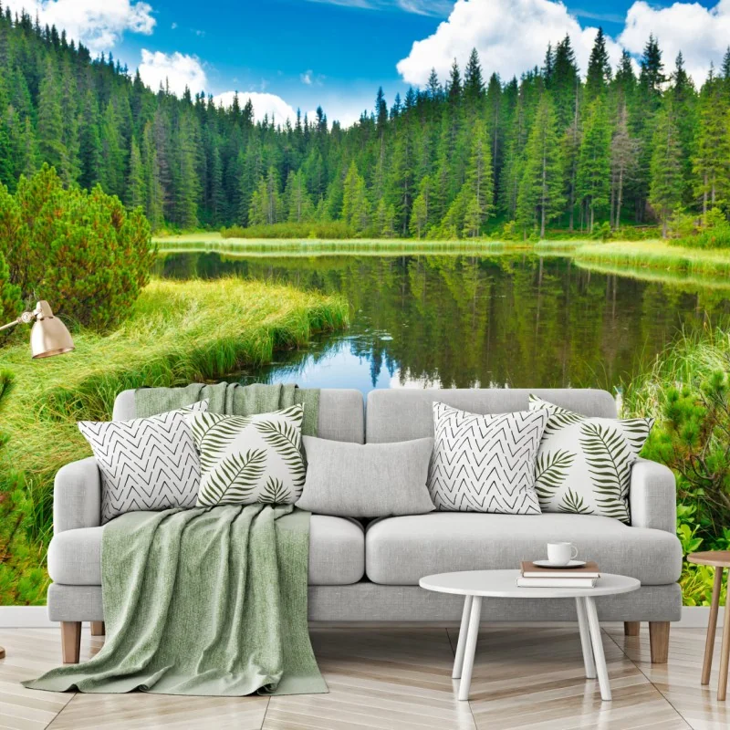 Fototapete ruhiger waldsee mit hölzerner brücke – Wallnifity® Fototapete ruhiger waldsee mit hölzerner brücke – Wallnifity®