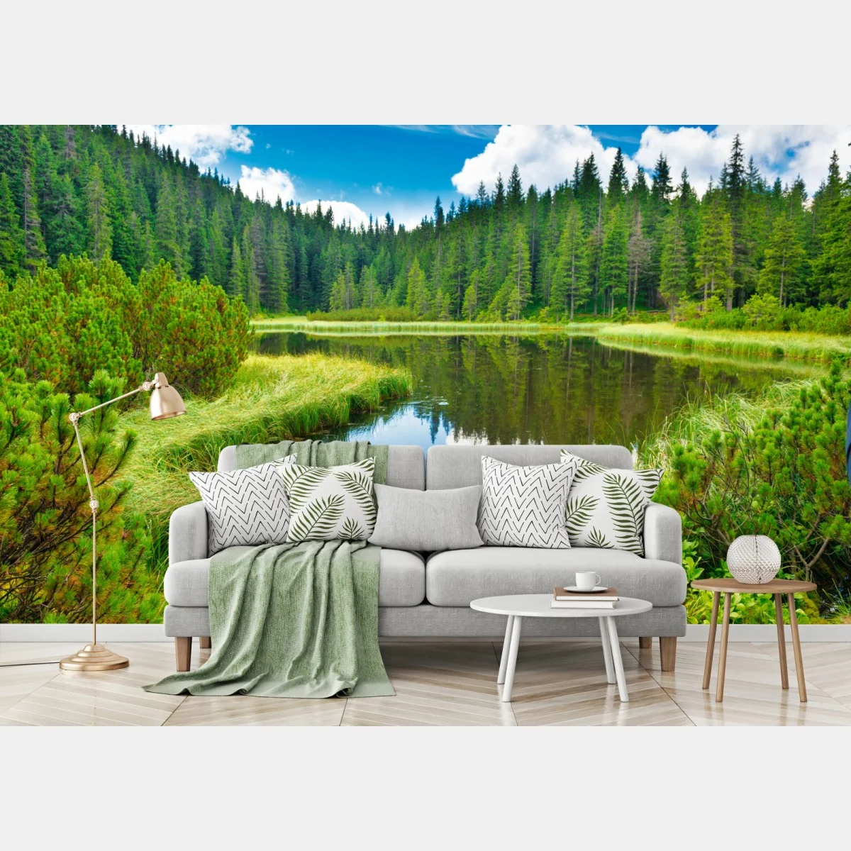 Fototapete ruhiger waldsee mit hölzerner brücke – Wallnifity® Fototapete ruhiger waldsee mit hölzerner brücke – Wallnifity®