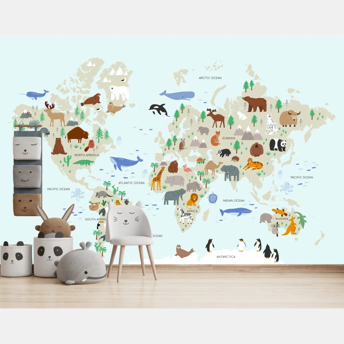 Fototapete weltkarte mit tieren für kinder – Wallnifity®