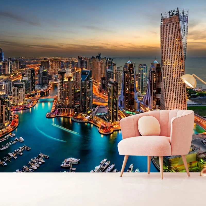 Fototapete Dubai marina skyline bei dämmerung