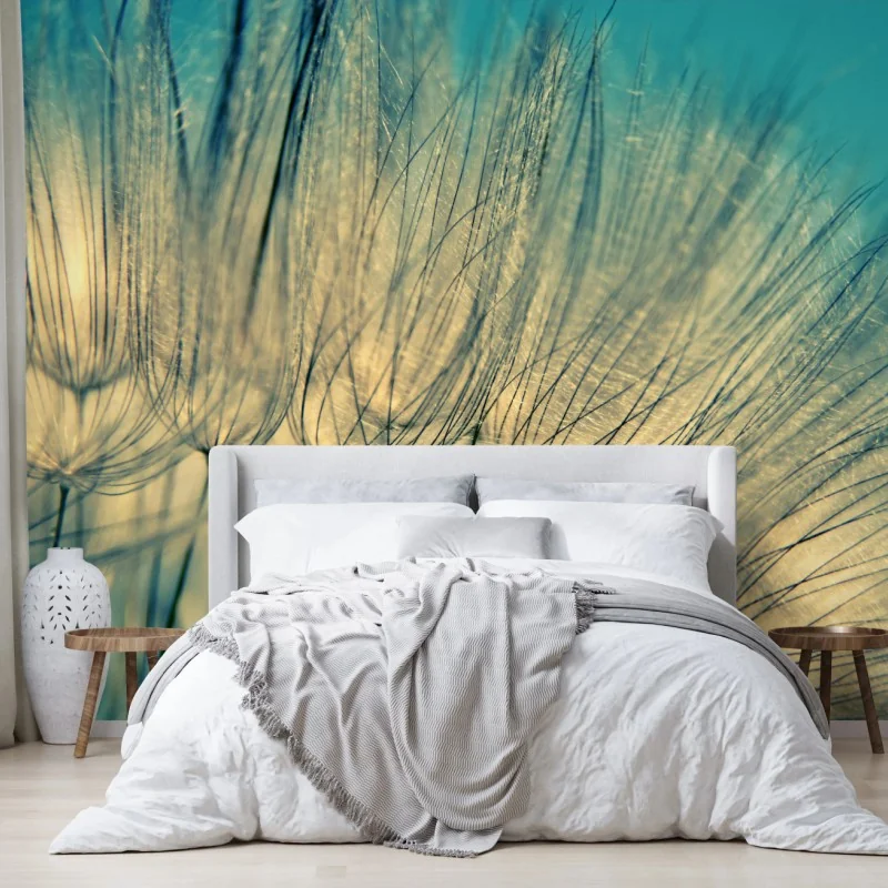 Fototapete zarte löwenzahn-aufnahme in sanftem blau